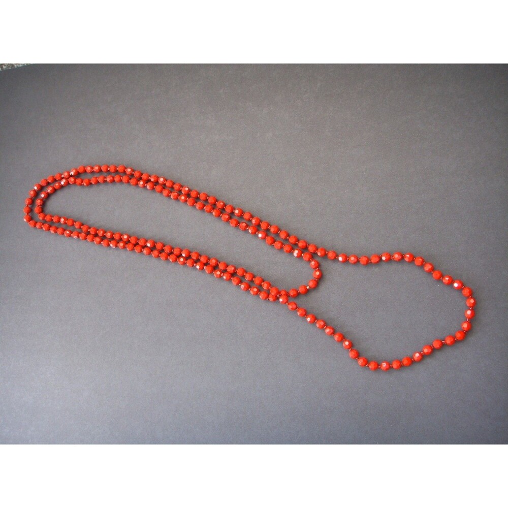 Extra long 65" Red Beaded Necklace Acrylic Faceted Beads Layered Flapper